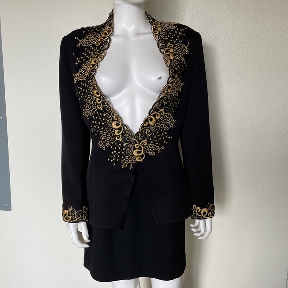 Vintage 90’s Black Gold Long Sleeve Collar appliqué Glam Blazer Jacket CasaDei - Picture 9 of 14